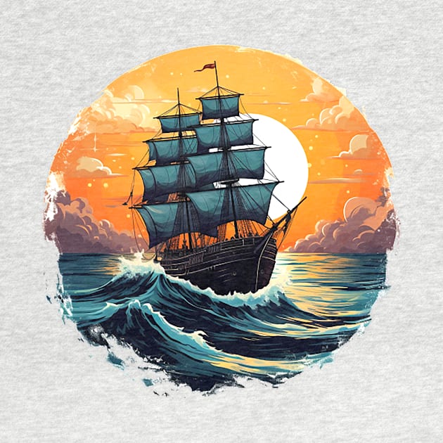 A vintage looking ship sails across the giant waves in a sunset enviornment 2 by ramith-concept